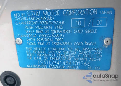 2008 Suzuki Grand Vitara from USA, damaged, VIN JS3TD941484101766